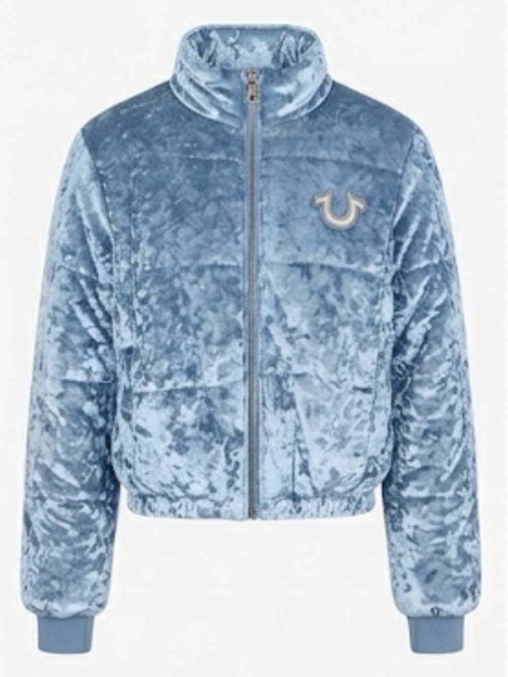 Light Blue True Religion Crushed Velvet Puffer Jacket with horseshoe Logo